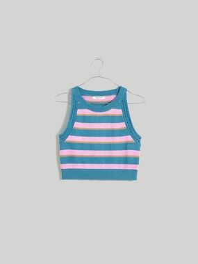 Madewell Crochet Trim Striped Crop Sweater Tank Pink Blue